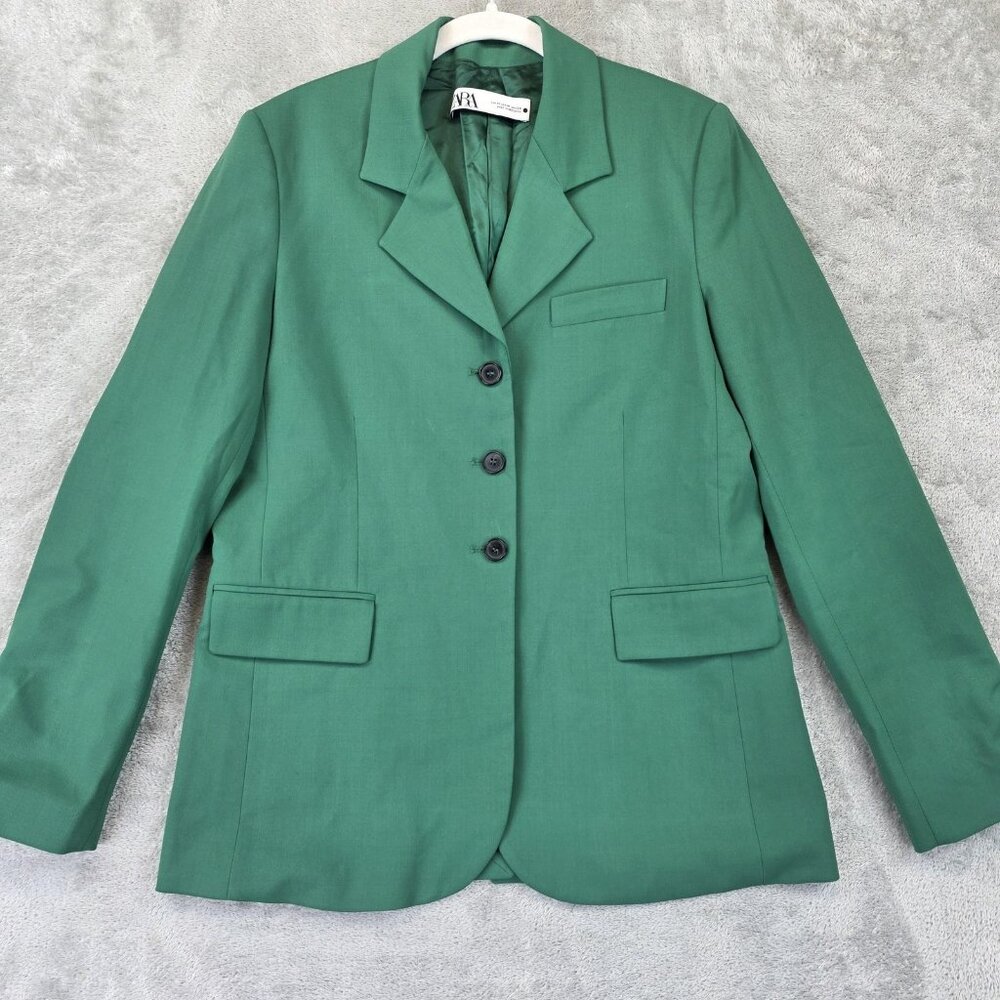 Zara Blazer Womens Medium Green Single Breasted Lined Suit Jacket Office Work